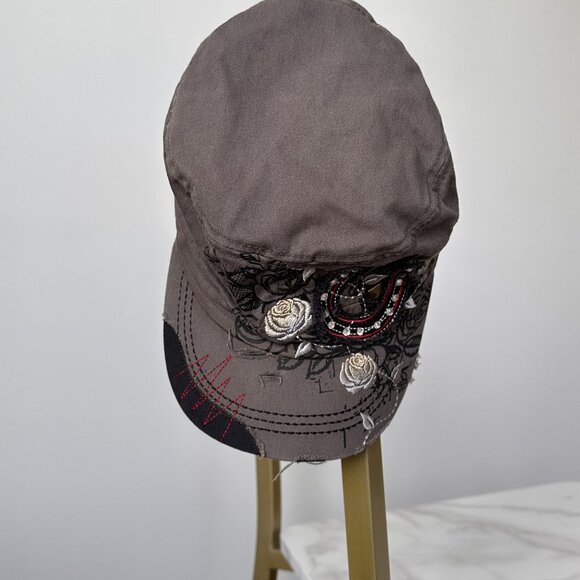 Savana Vintage Distressed Denim Cap with Floral Embroidery & Horseshoe Design - Picture 2 of 4
